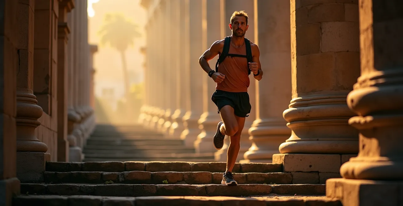 Trail runner si allena su scalinate monumentali in ambiente urbano italiano