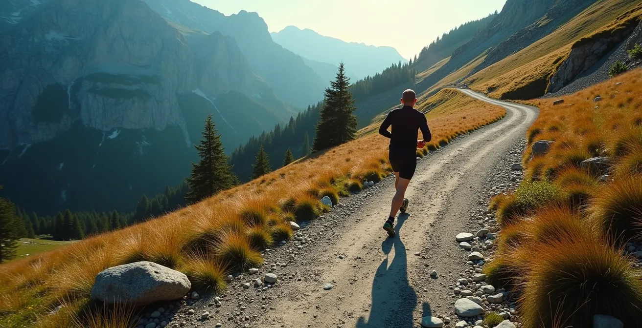 Vista dall'alto di un corridore su sentiero di montagna con focus sulla tecnica del passo