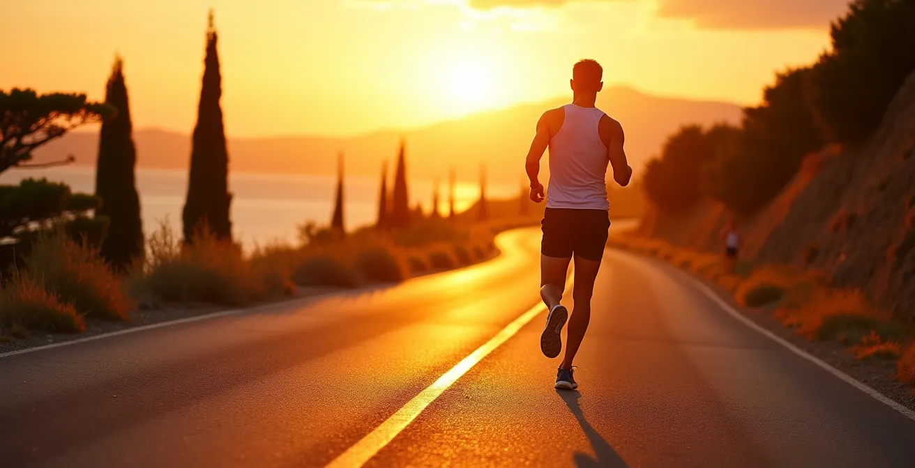Runner italiano si allena al tramonto in estate per evitare il calore