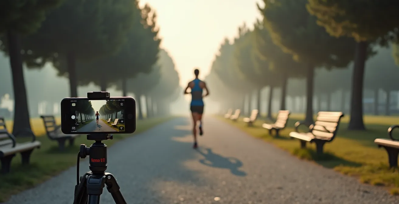 Runner che posiziona lo smartphone su una panchina del parco per registrare la propria tecnica di corsa