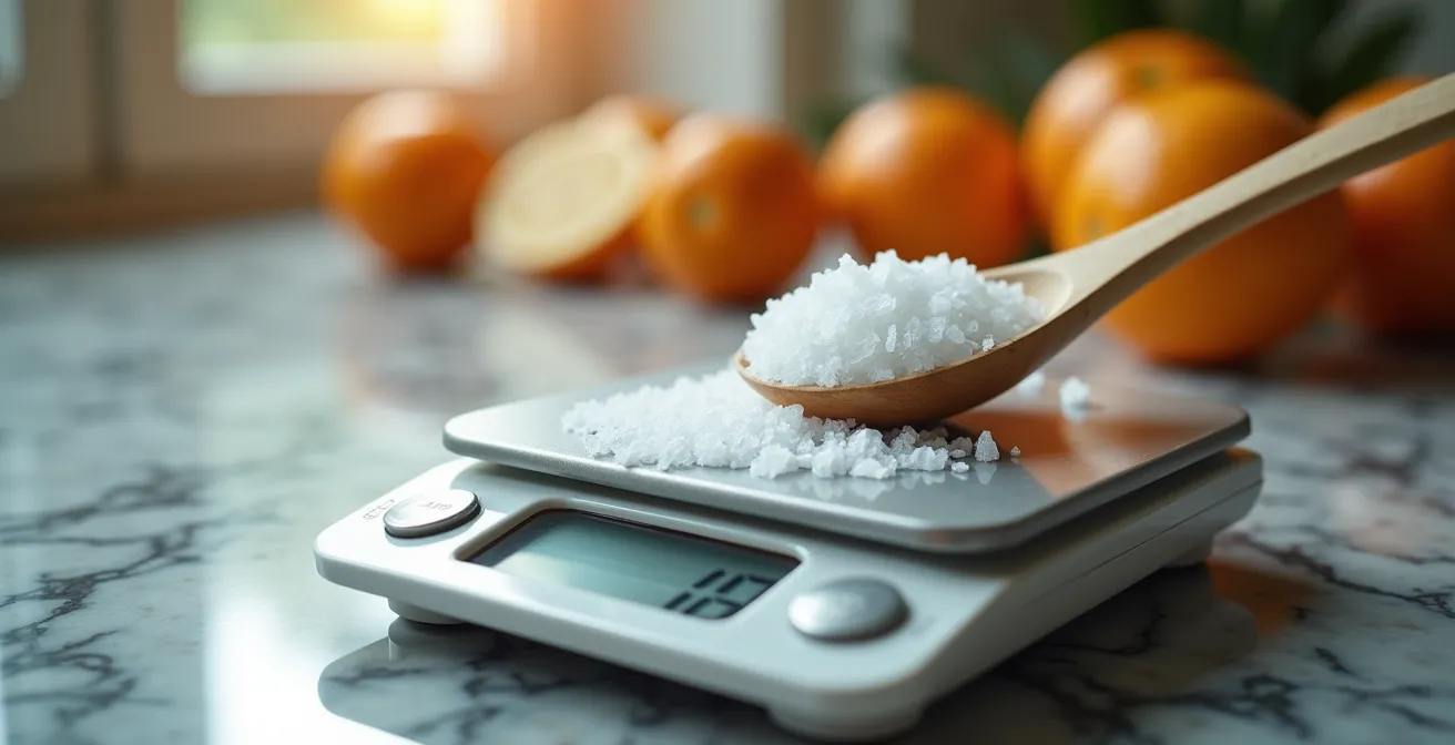Bilancia da cucina digitale che pesa precisamente il sale per la bevanda isotonica