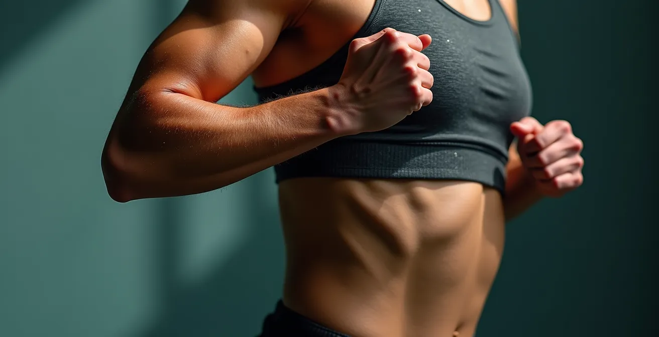 Dettaglio macro del movimento coordinato di braccia e busto durante la corsa