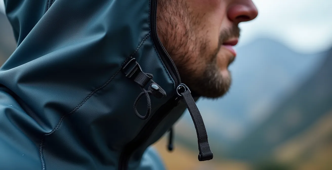 Dettaglio cappuccio giacca trail con sistemi di regolazione anti-vento