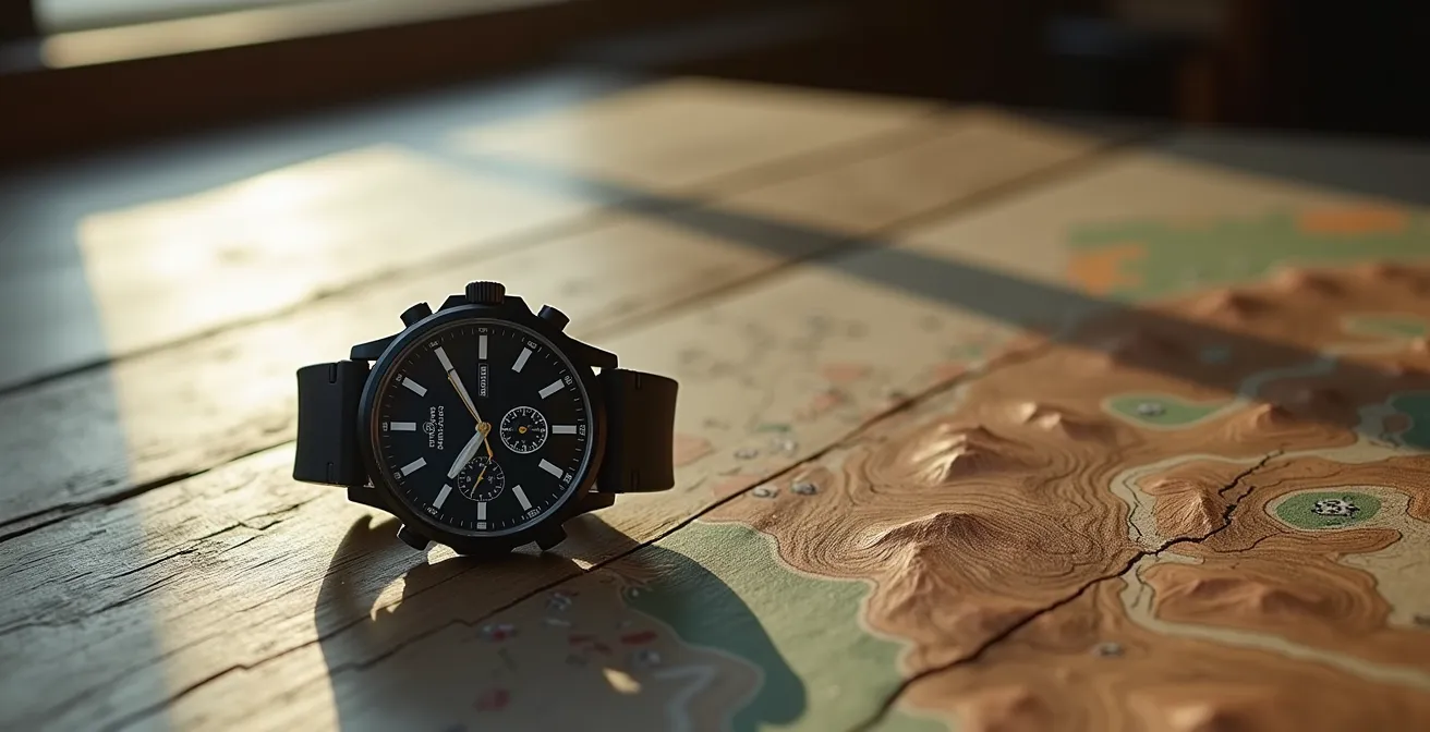 Sportwatch su tavolo con mappa topografica italiana sfocata sullo sfondo