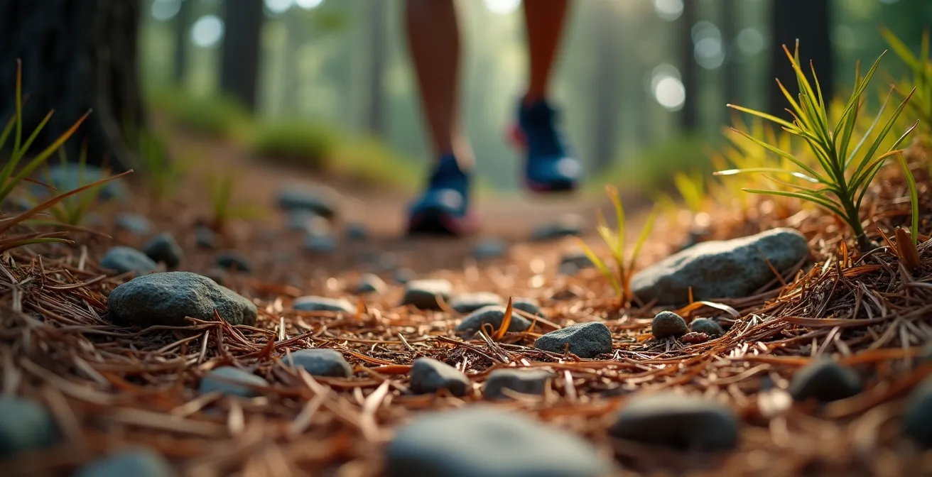 Vista macro di un sentiero boschivo con dettagli di foglie e terreno naturale