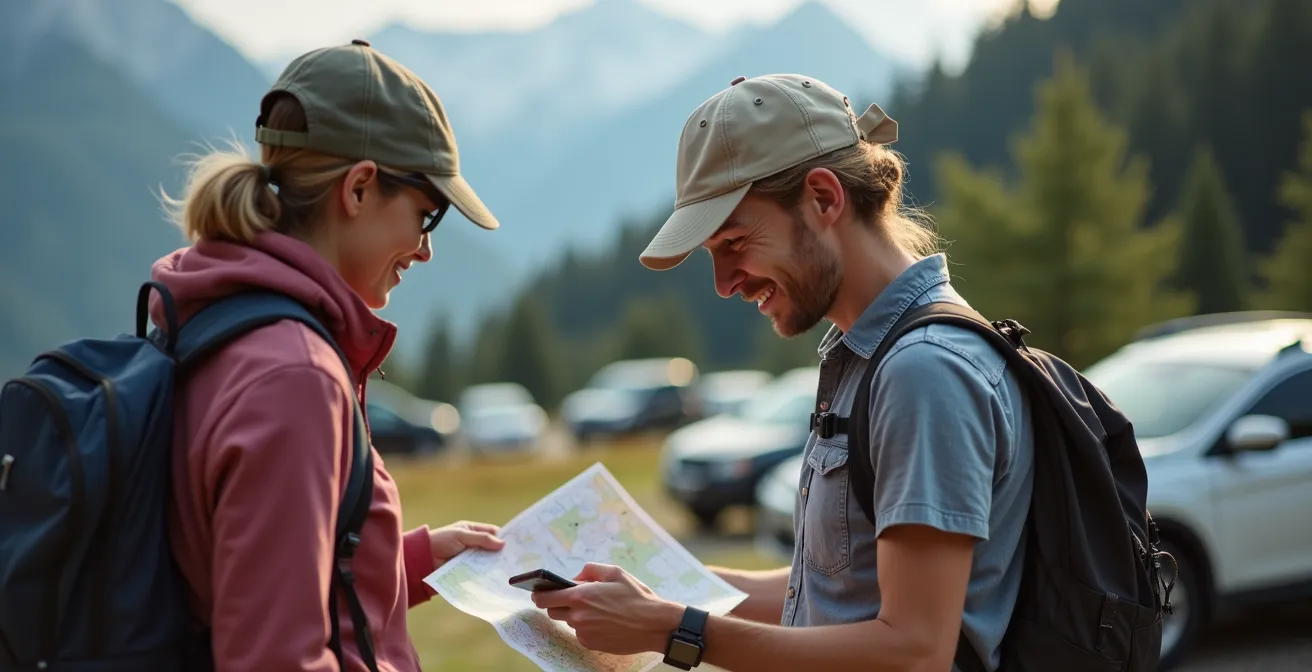 Escursionisti che pianificano percorso su mappa prima della partenza