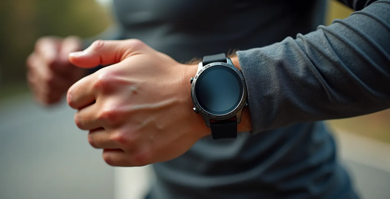 Dettaglio macro di polso runner con smartwatch durante corsa, focus su cinturino e cassa