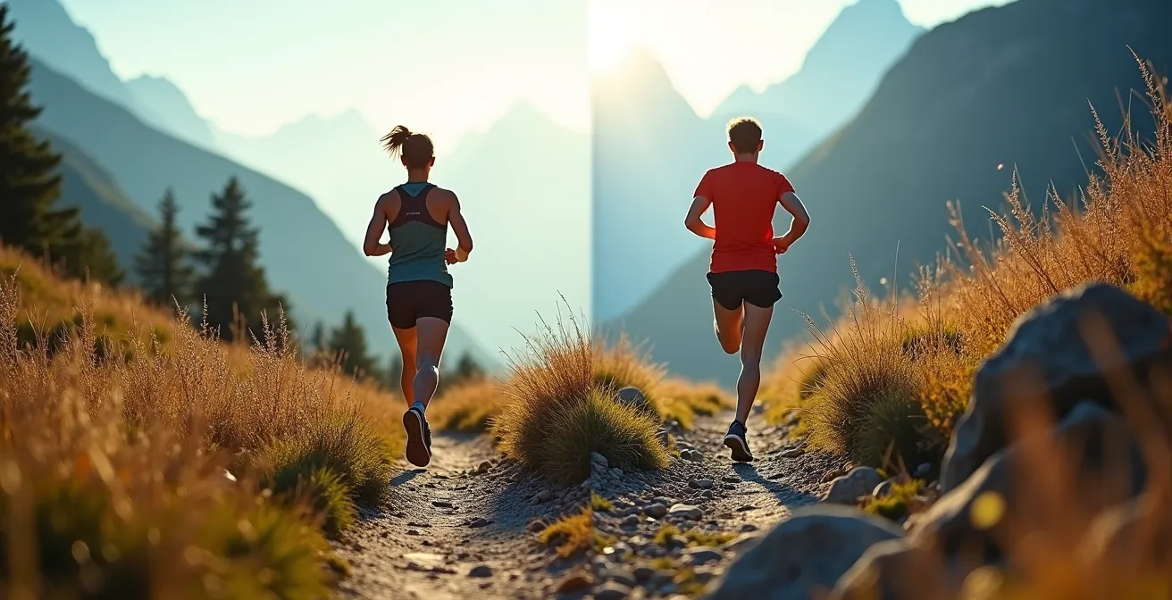 Due trail runner su pendenze diverse mostrano ritmi di allenamento contrastanti