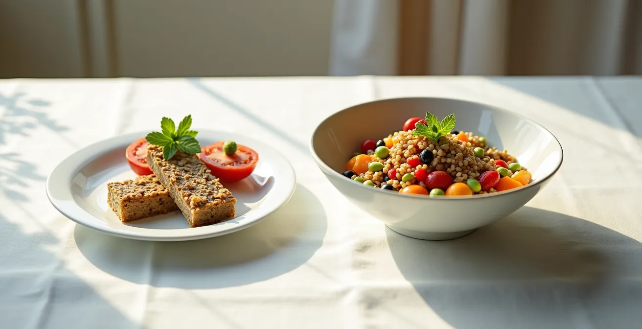 Confronto visivo tra barretta proteica e piatto mediterraneo con farro e verdure