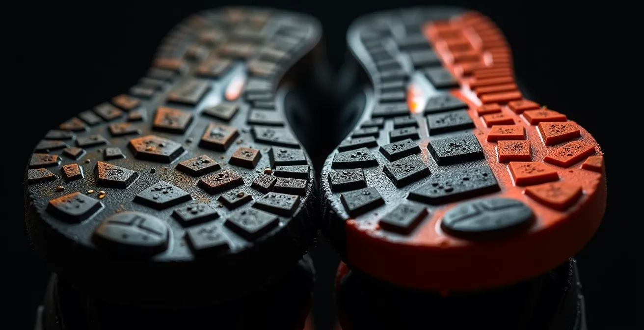 Confronto macro ravvicinato tra suola da fango con tasselli alti e suola da roccia con mescola aderente