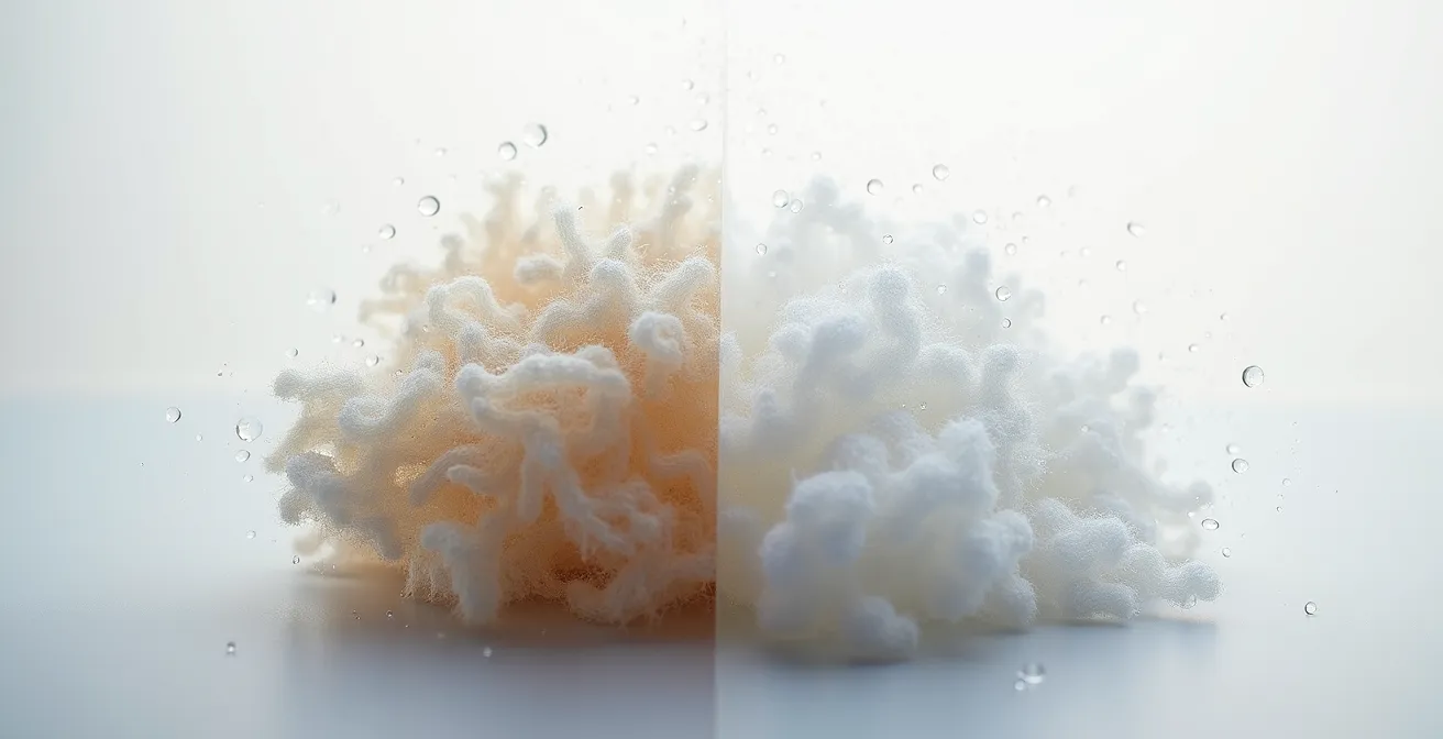 Confronto al microscopio tra fibre di lana merino e poliestere