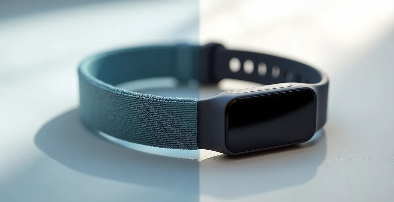 Dettaglio ravvicinato di fascia toracica e smartwatch sportivo