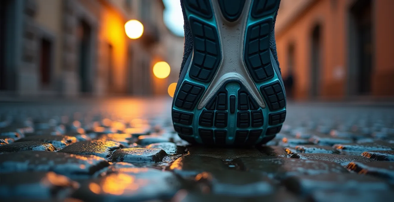 Runner che corre all'alba nelle strade tranquille di una città italiana