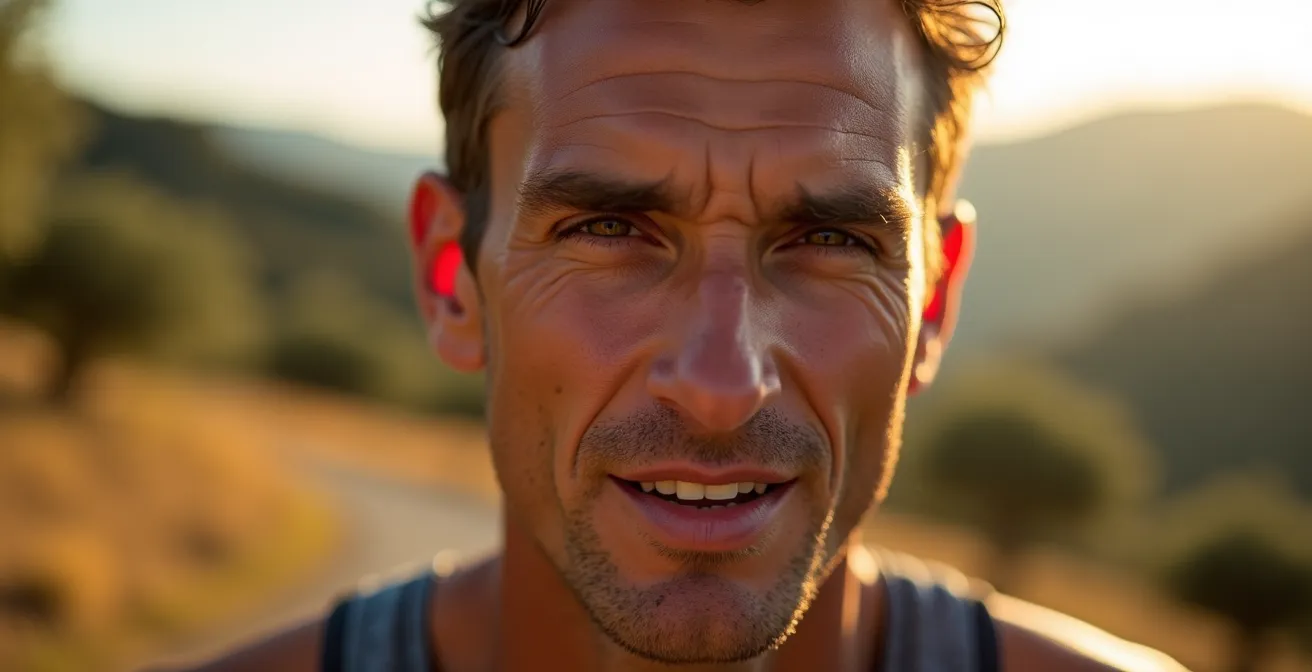 Runner su percorso collinare tipico del paesaggio italiano durante costruzione base aerobica