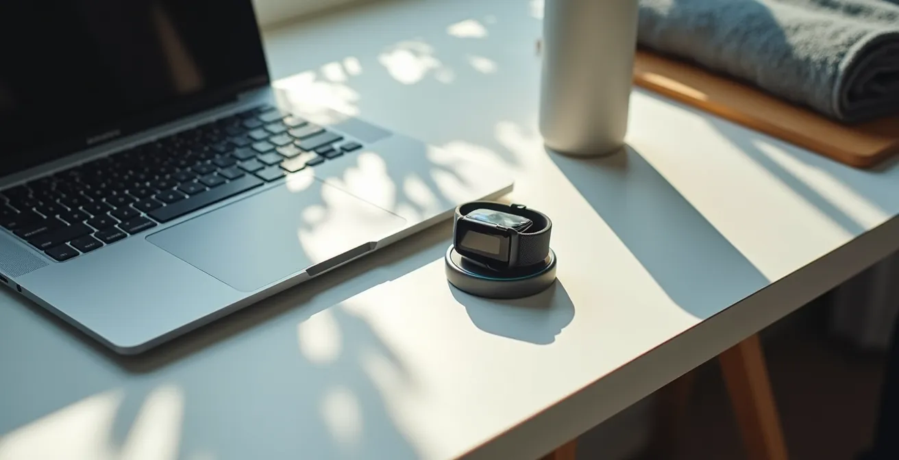 Scrivania con laptop che mostra grafici di allenamento e smartwatch accanto