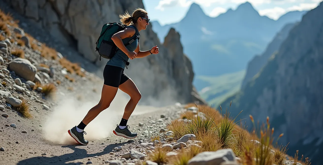 Trail runner in discesa tecnica su ghiaione dolomitico con tecnica del ballerino