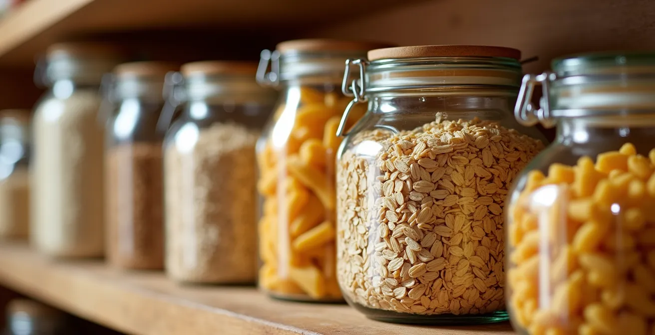 Dispensa italiana organizzata con alimenti per runner e contenitori etichettati