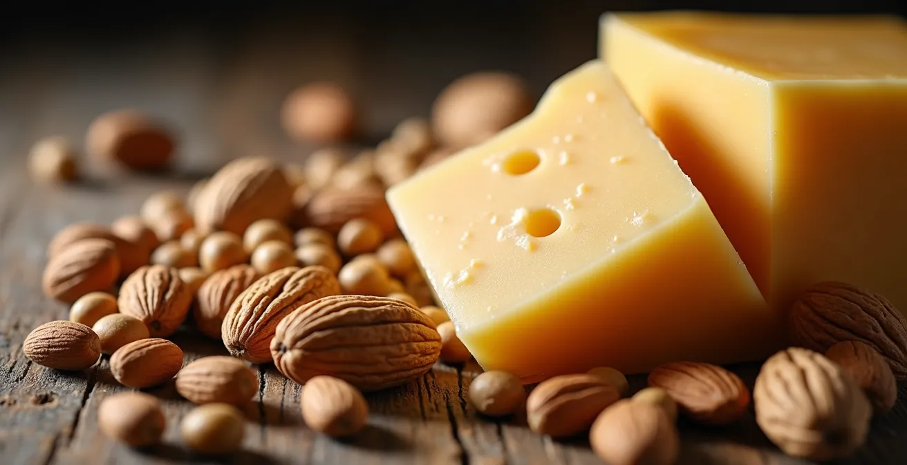 Composizione di alimenti proteici italiani su tavolo di legno con legumi, formaggi stagionati e frutta secca