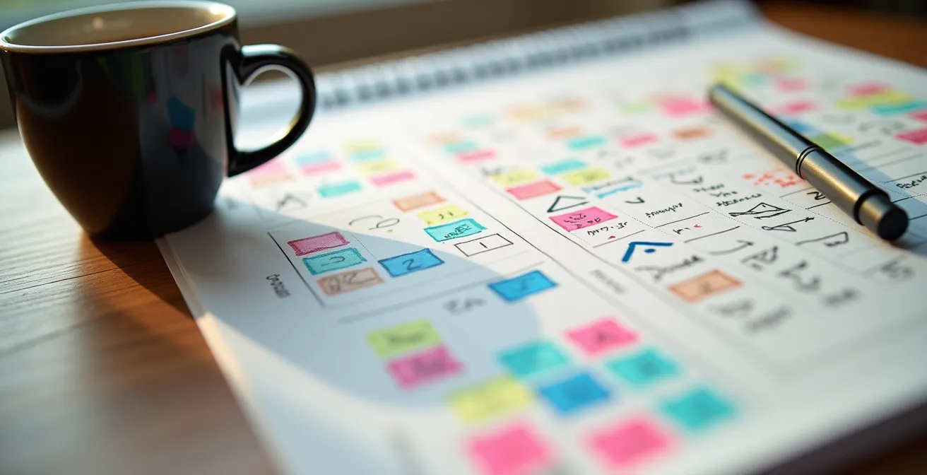 Vista macro di agenda runner con piano settimanale allenamenti colorato