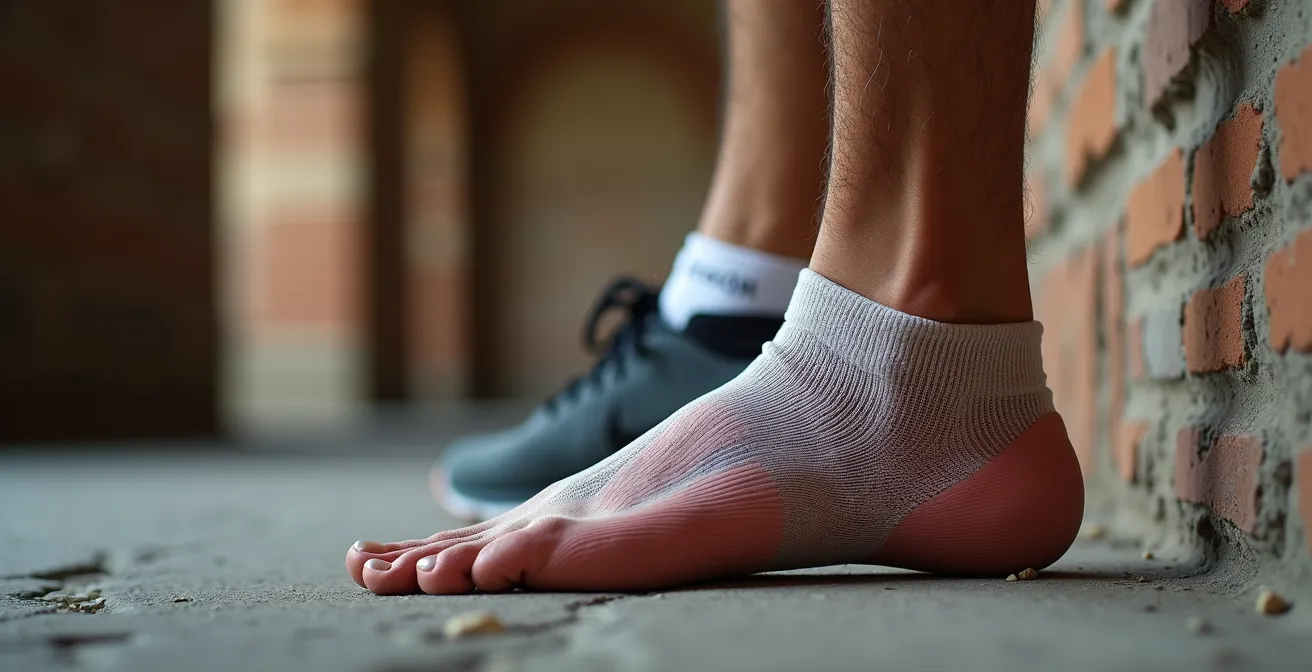 Corridore che esegue mobilizzazione della caviglia contro un muro