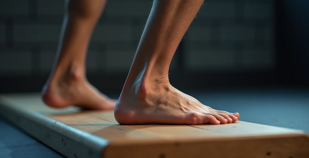 Atleta esegue esercizio eccentrico per tendine d'Achille su gradino