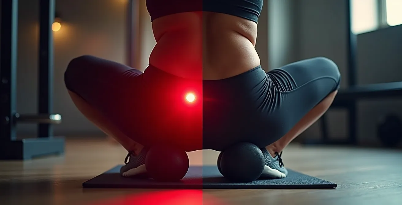 Dimostrazione corretta dell'uso del foam roller sui glutei invece che sulla zona lombare