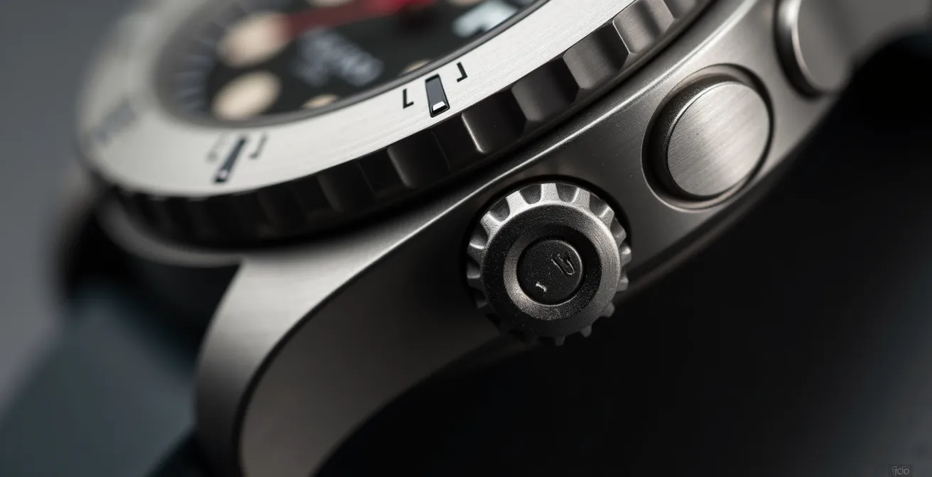 Vista macro dei pulsanti di uno sportwatch con menu di selezione modalità GPS