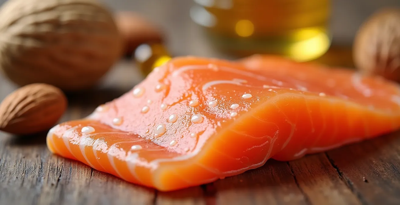 Composizione macro di salmone fresco e frutta secca con capsule di omega-3 su tavolo di legno