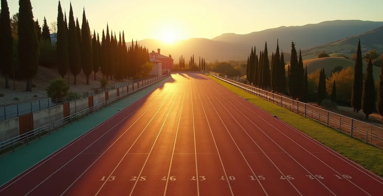 Vista panoramica di una pista di atletica italiana vuota al tramonto