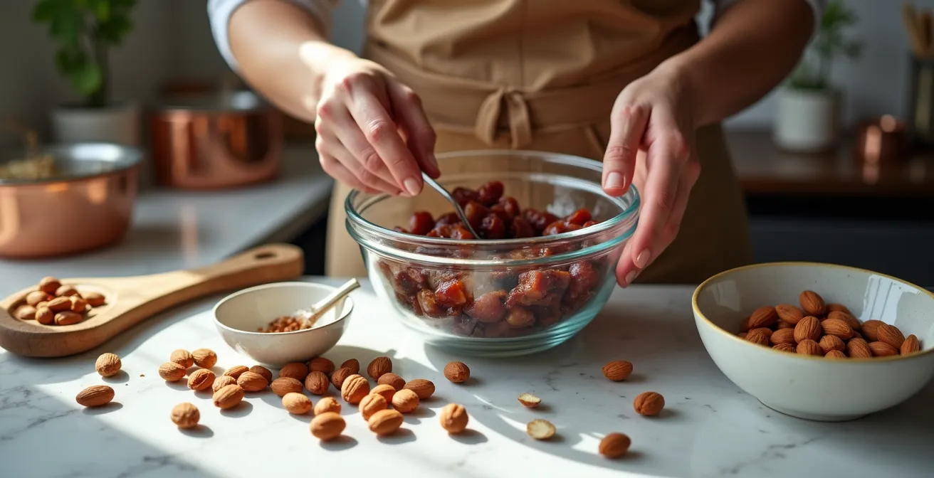 Mani che preparano barrette proteiche con datteri e noci su piano di lavoro