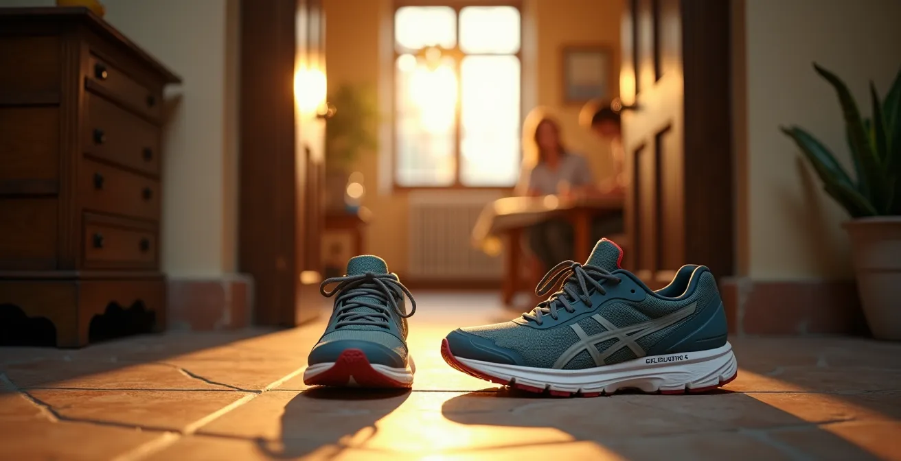 Runner che fa stretching leggero mentre la famiglia prepara il pranzo domenicale