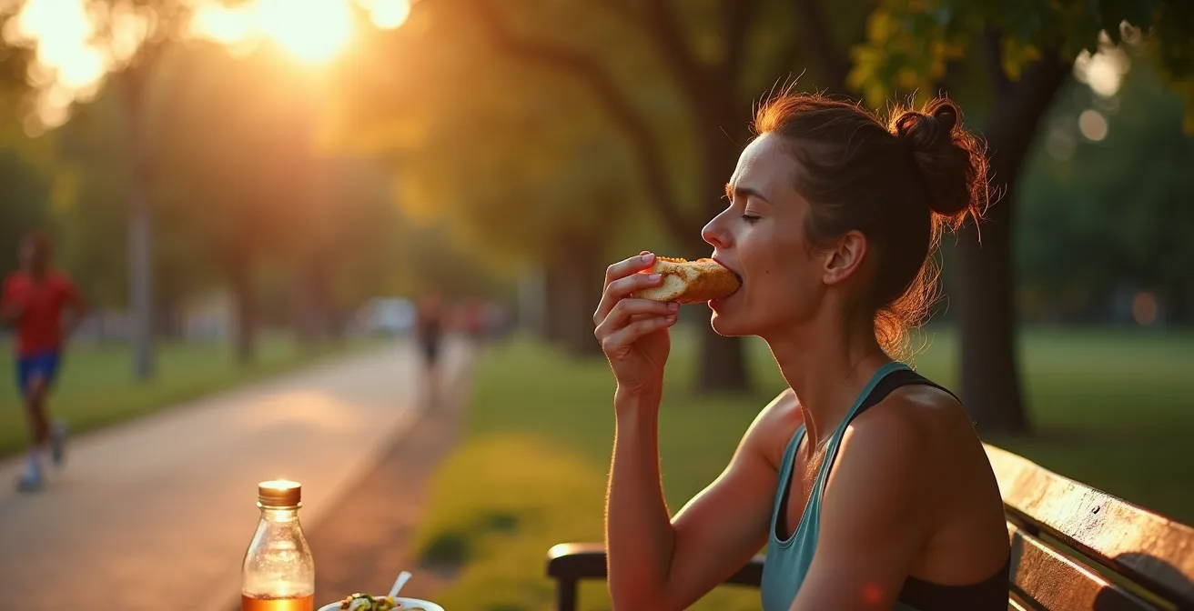 Runner seduto su panchina del parco con snack post-allenamento e borraccia