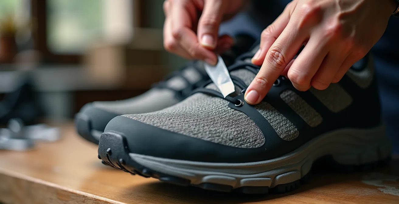 Mani che applicano toppa adesiva su scarpa da trail con kit riparazione visibile