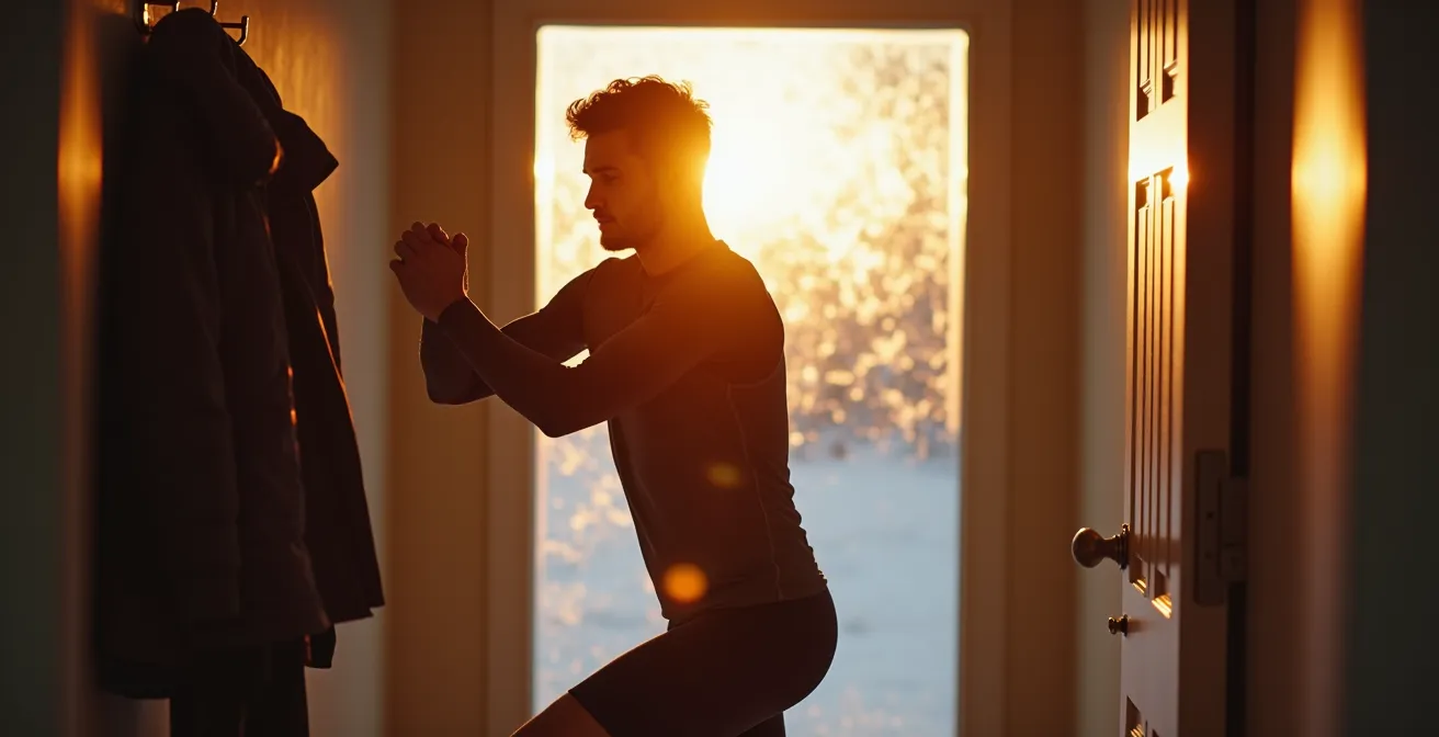 Atleta che esegue esercizi di mobilità articolare in ambiente interno prima dell'allenamento al freddo