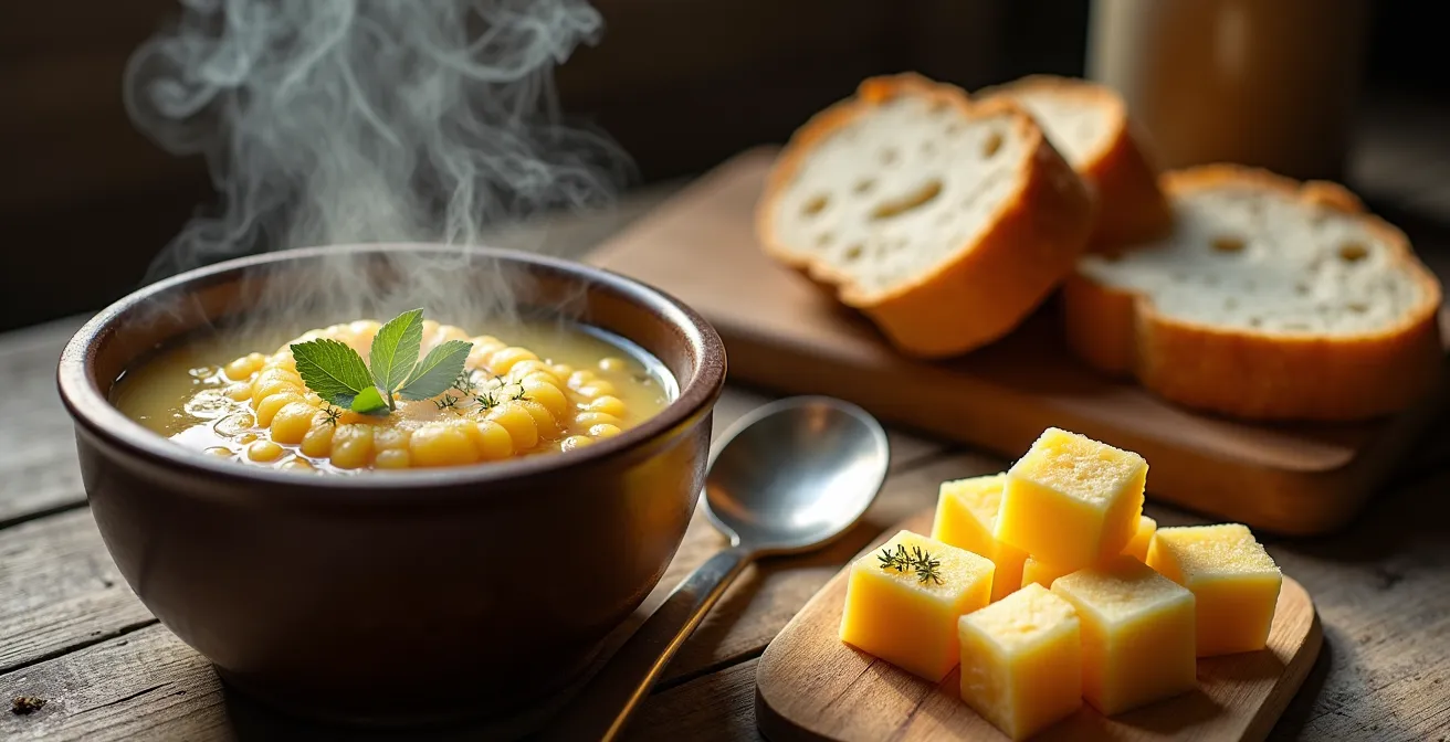 Tavolo di ristoro alpino con cibi tradizionali durante un ultra trail