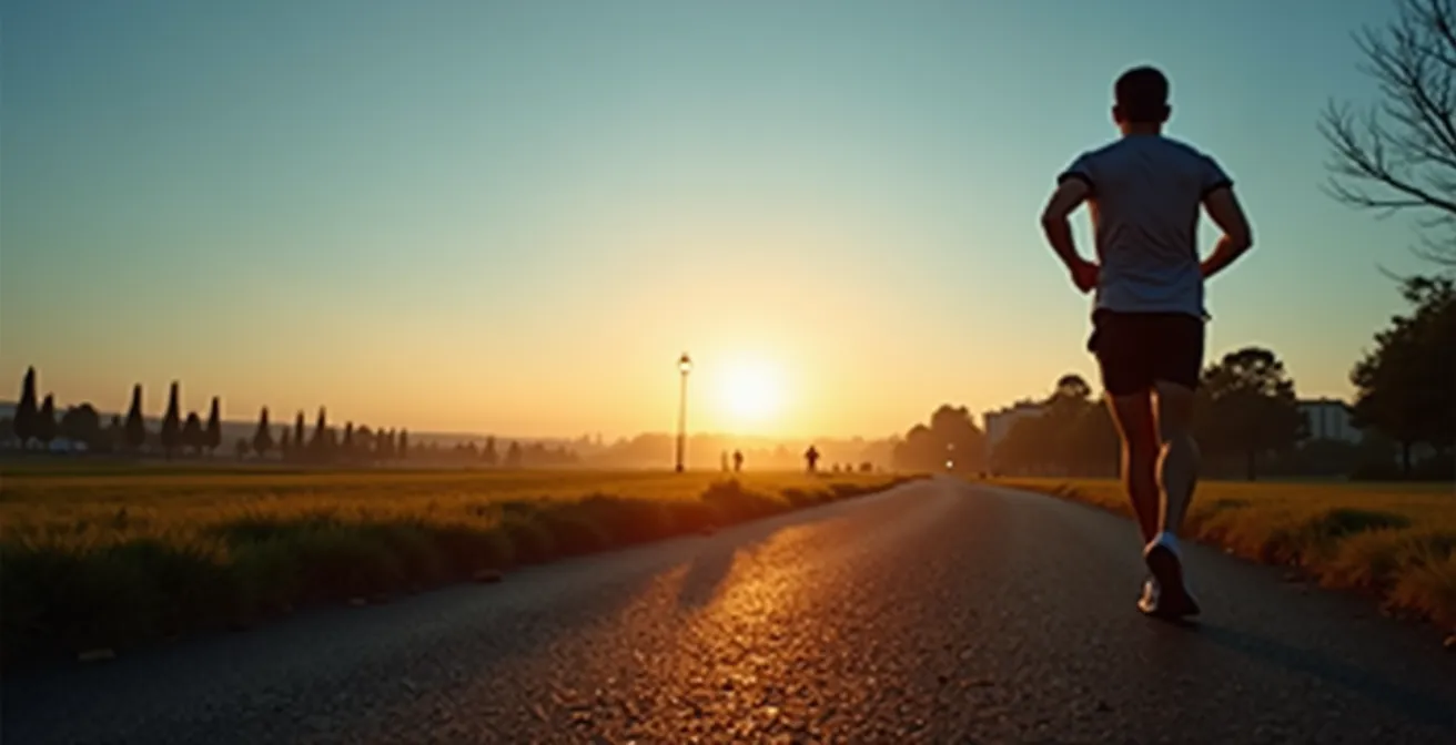 Corridore italiano all'alba in un parco urbano durante allenamento a digiuno
