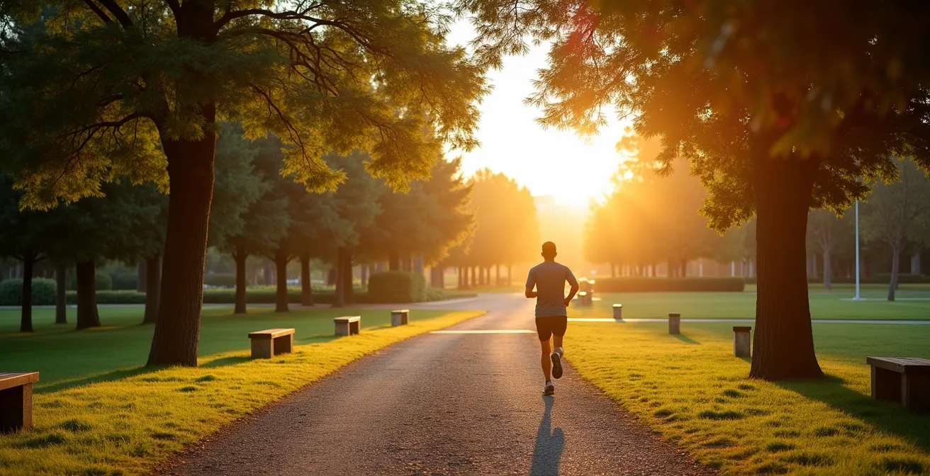 Runner che corre su sentiero sterrato in un parco urbano italiano al tramonto