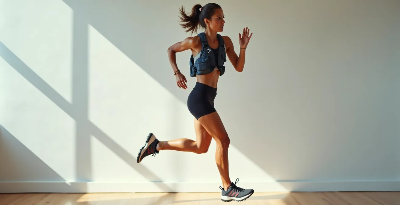 Atleta che esegue test di movimento con zaino da trail in ambiente indoor