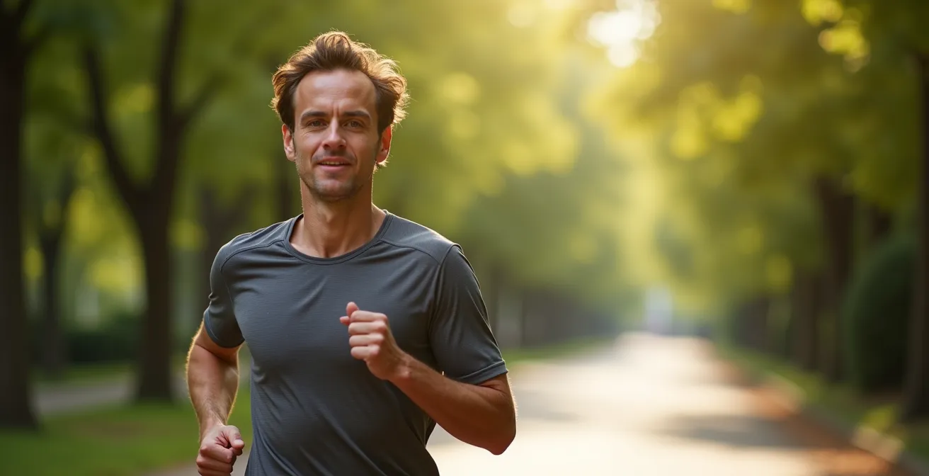 Corridore che esegue il talk test controllando la respirazione durante la corsa nel parco