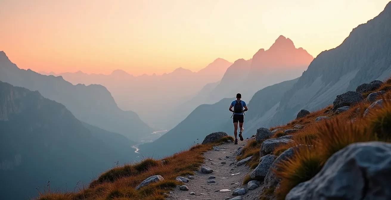 Ultra runner su sentiero di montagna delle Dolomiti all'alba con vista panoramica