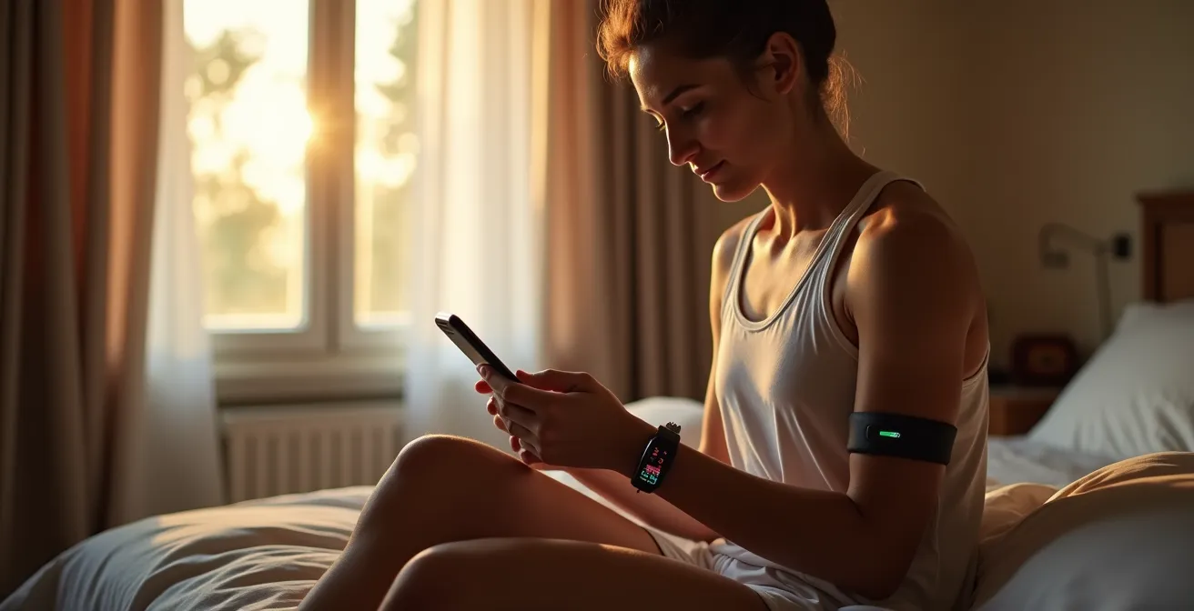 Atleta controlla variabilità cardiaca con fascia cardio al risveglio