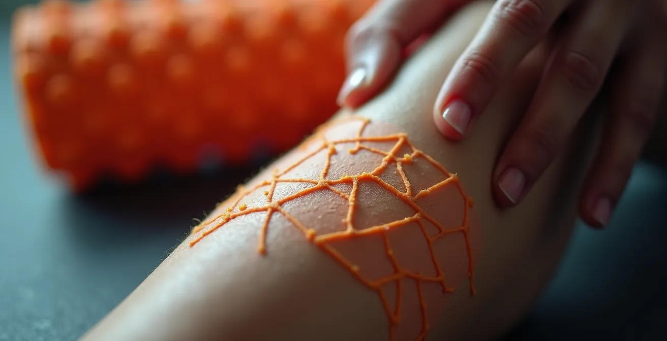 Vista macro dettagliata della texture del foam roller sulla pelle durante il trattamento muscolare