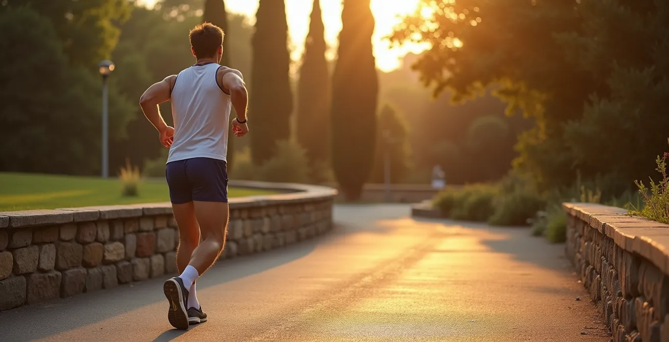 Runner che esegue slancio controllato della gamba con mano su muretto