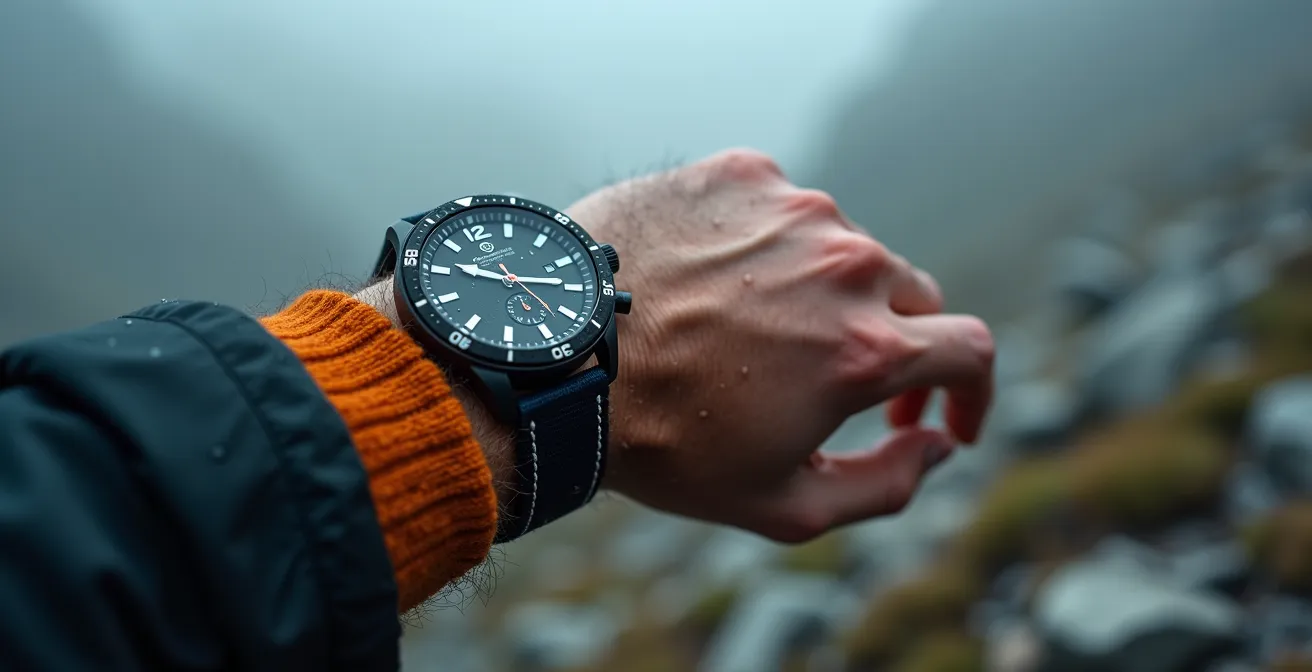 Dettaglio di mano con sportwatch GPS in condizioni di nebbia su sentiero alpino