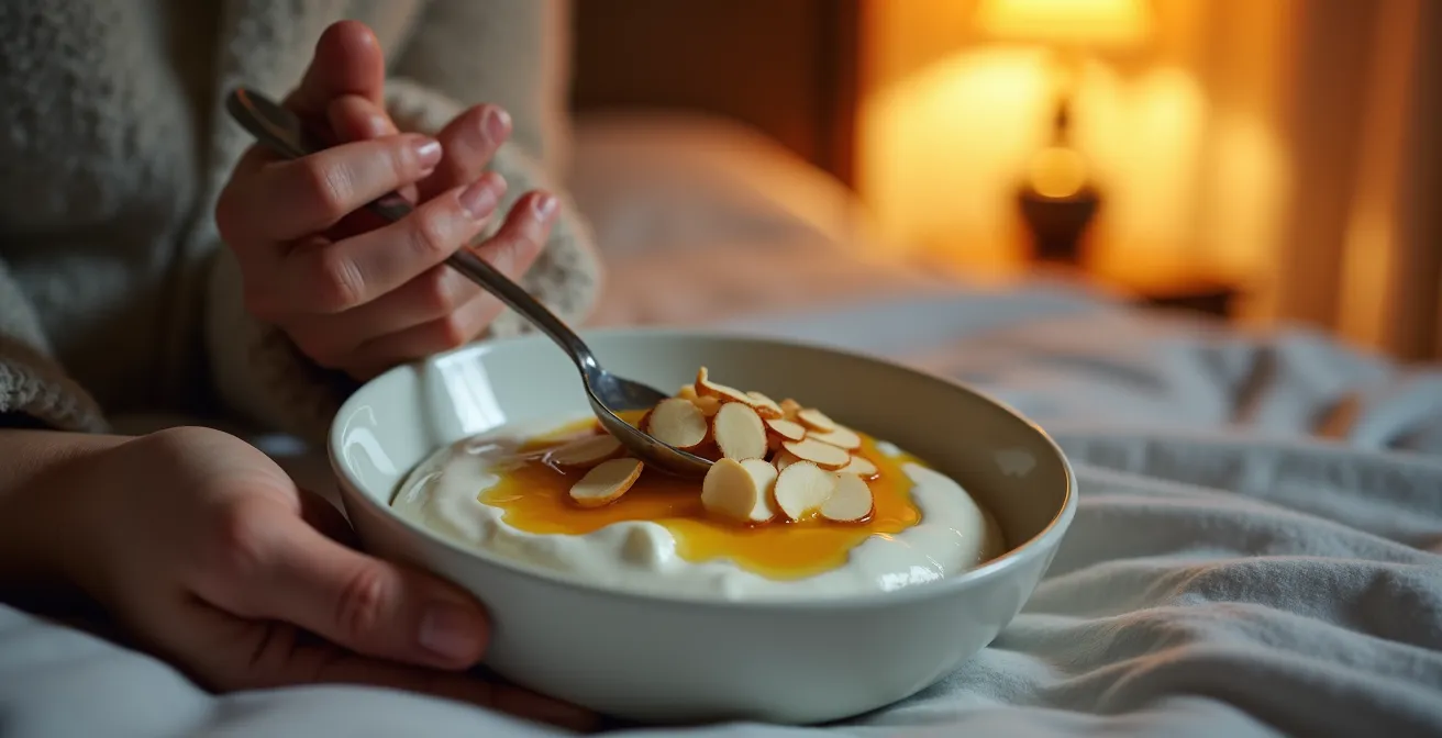 Ciotola di yogurt greco con miele dorato e mandorle tostate su comodino in ambiente notturno rilassante