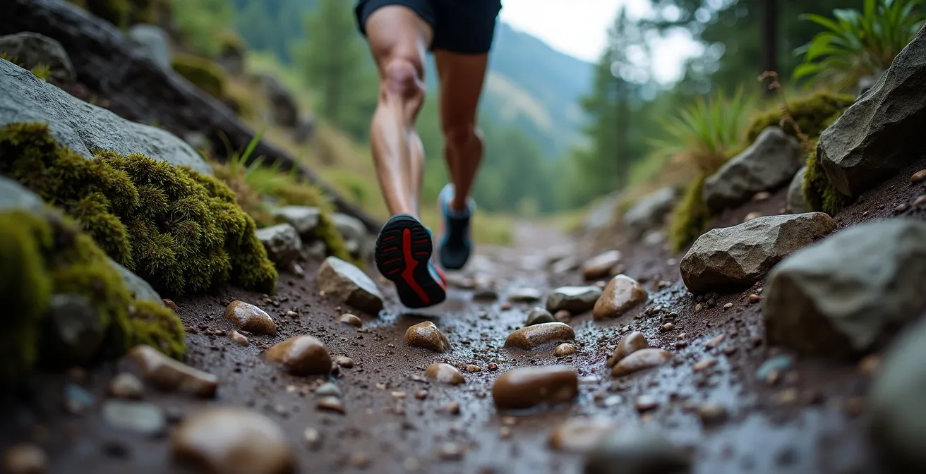 Vista soggettiva di un trail runner che analizza il sentiero roccioso davanti a sé con diversi punti focali