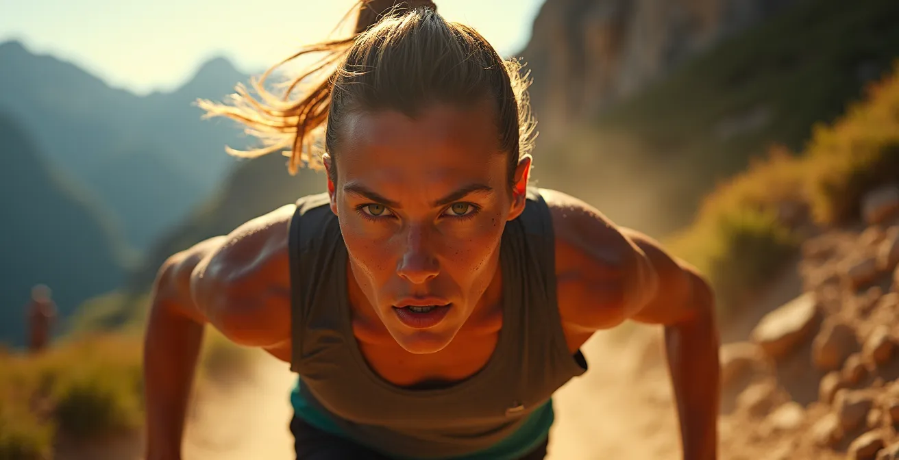 Primo piano di trail runner che guarda 5 metri avanti durante discesa tecnica nelle Dolomiti