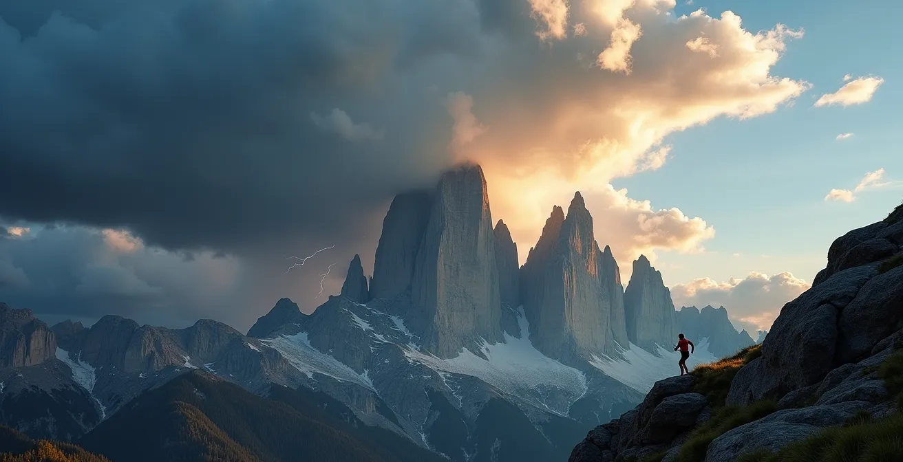 Vista aerea di nubi temporalesche in formazione sopra le Tofane nel pomeriggio estivo