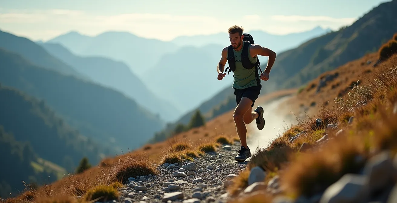 Trail runner in discesa tecnica sugli Appennini con alta frequenza di passo
