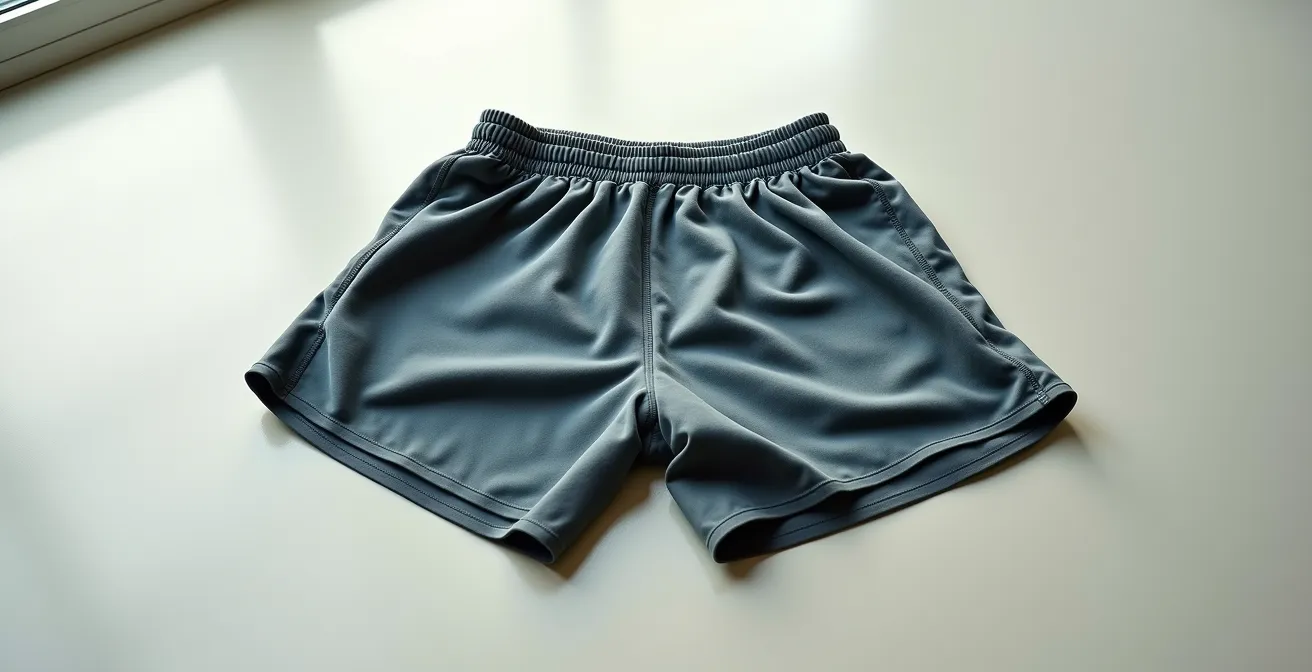 Dettaglio dell'usura delle fibre elastiche in pantaloncini tecnici